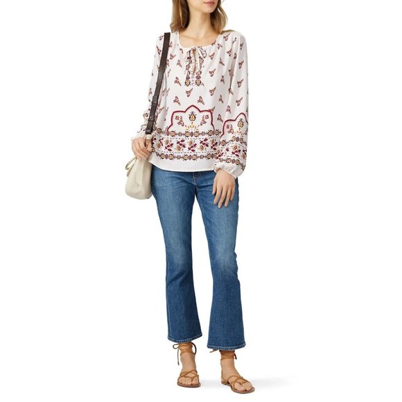 Bobeau Top Floral Print Peasant Pink Tie V Neck Long Sleeve Boho - Picture 3 of 12